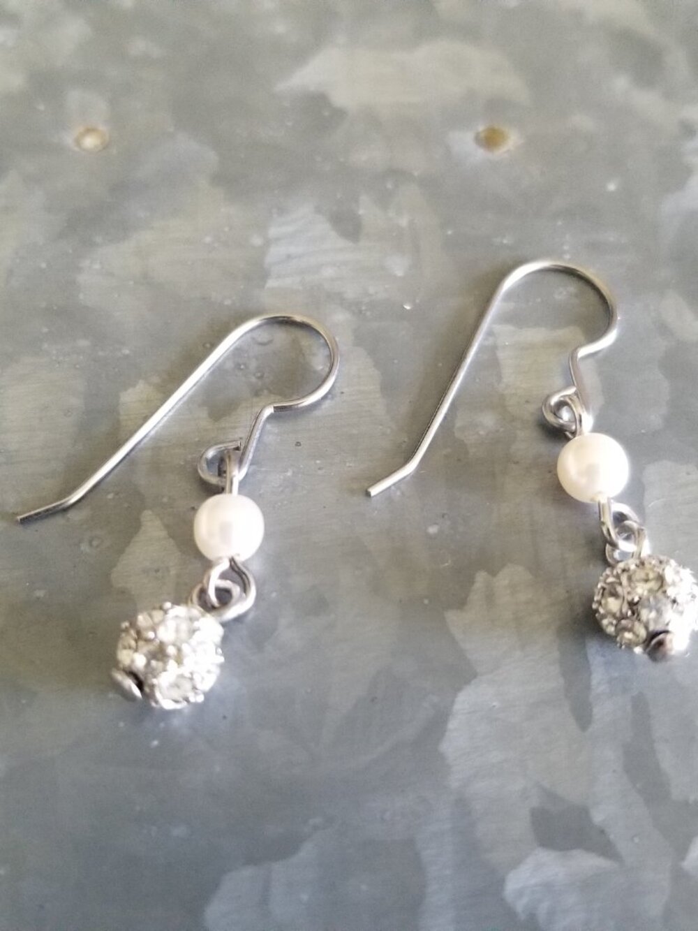 Premier Designs Dangle Earrings Pearl CZ Sphere Fish Hook Silver Plate